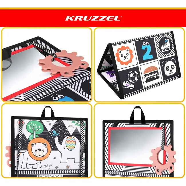 Kruzzel Sensorisch babyboekje 0+ met spiegel, bijtring, contrastpatronen en uitklapbaar ontwerp
