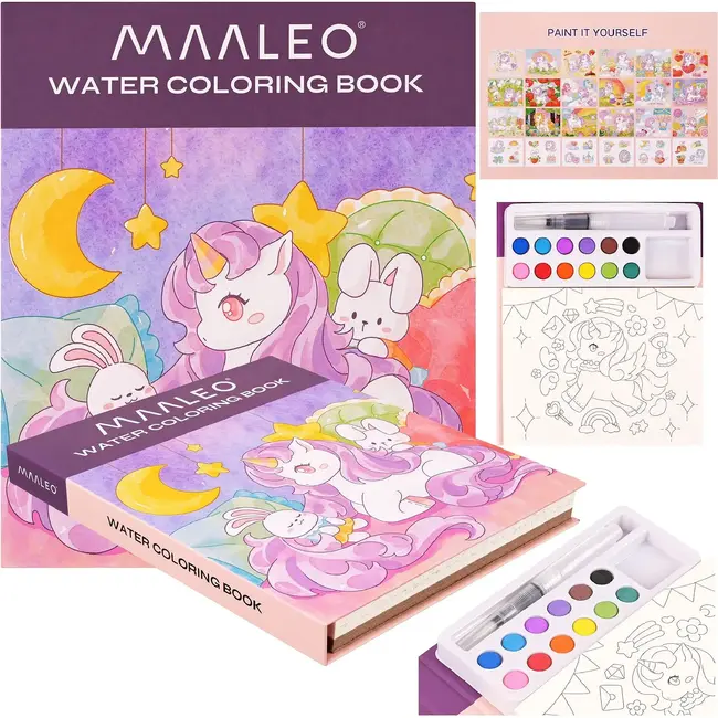 Maaleo Waterkleurboek eenhoorn met 24 vellen, 12 aquarelkleuren en waterpenseel voor kinderen