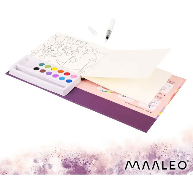 Maaleo Waterkleurboek eenhoorn met 24 vellen, 12 aquarelkleuren en waterpenseel voor kinderen