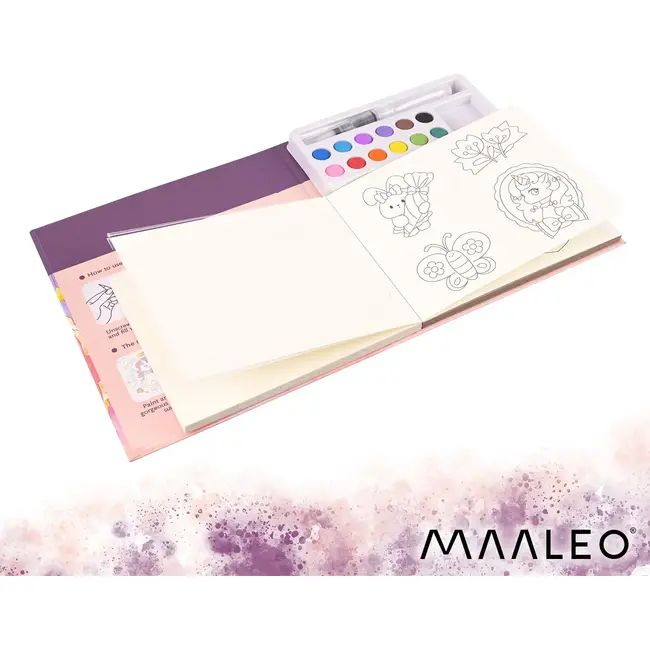 Maaleo Waterkleurboek eenhoorn met 24 vellen, 12 aquarelkleuren en waterpenseel voor kinderen