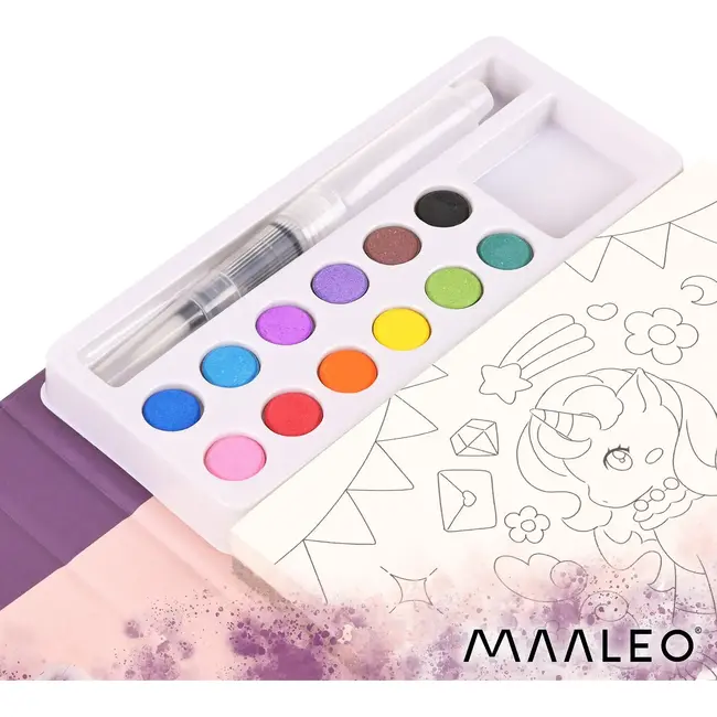 Maaleo Waterkleurboek eenhoorn met 24 vellen, 12 aquarelkleuren en waterpenseel voor kinderen