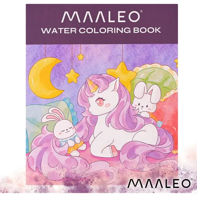 Maaleo Waterkleurboek eenhoorn met 24 vellen, 12 aquarelkleuren en waterpenseel voor kinderen