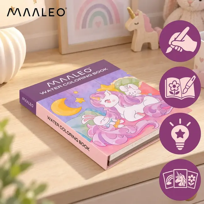 Maaleo Waterkleurboek eenhoorn met 24 vellen, 12 aquarelkleuren en waterpenseel voor kinderen