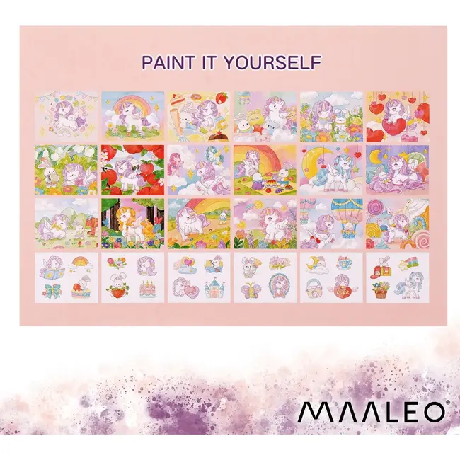 Maaleo Waterkleurboek eenhoorn met 24 vellen, 12 aquarelkleuren en waterpenseel voor kinderen