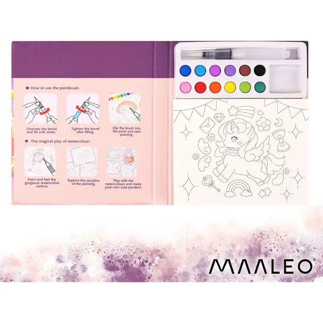 Maaleo Waterkleurboek eenhoorn met 24 vellen, 12 aquarelkleuren en waterpenseel voor kinderen