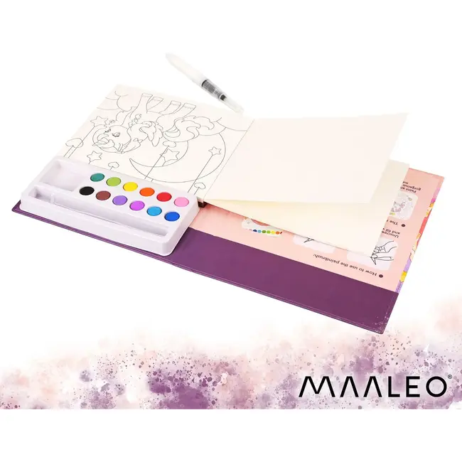 Maaleo Waterkleurboek eenhoorn met 24 vellen, 12 aquarelkleuren en waterpenseel voor kinderen