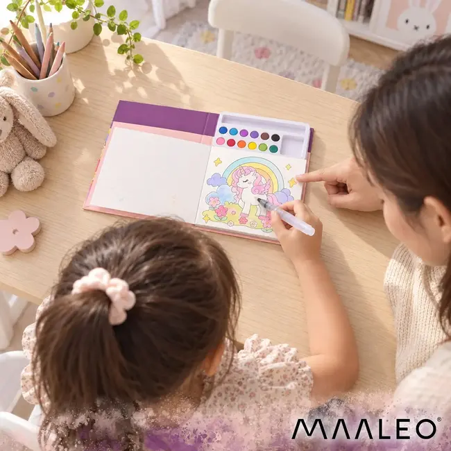 Maaleo Waterkleurboek eenhoorn met 24 vellen, 12 aquarelkleuren en waterpenseel voor kinderen
