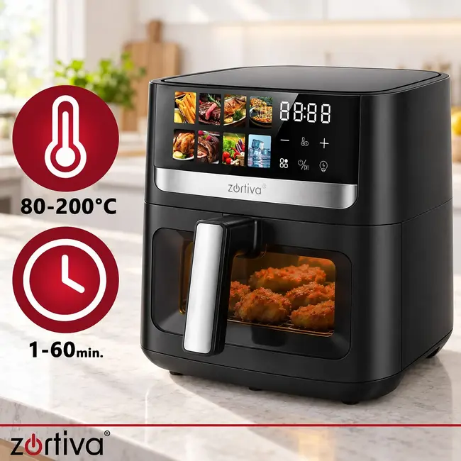 Zortiva Airfryer 8 liter met 8 programma's, 1800 W, LED-touchpaneel, kijkvenster en 80-200 °C