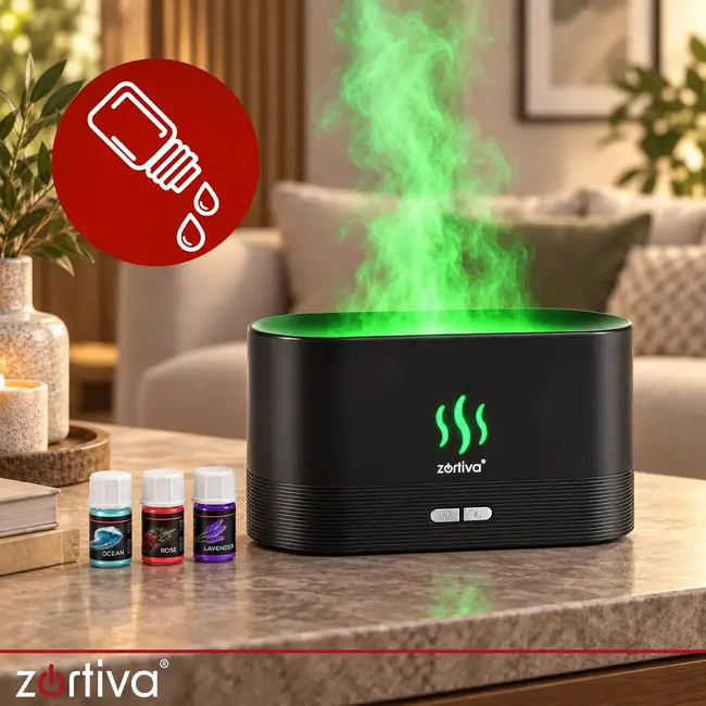 Zortiva Geurverspreider luchtbevochtiger 180 ml met RGB-vlameffect