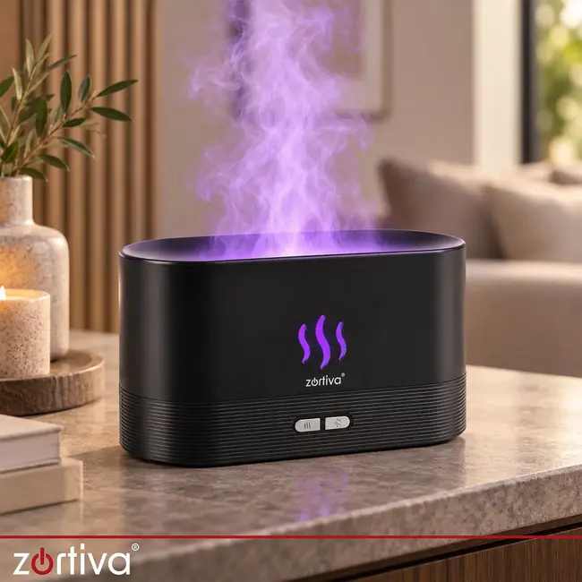 Zortiva Geurverspreider luchtbevochtiger 180 ml met RGB-vlameffect