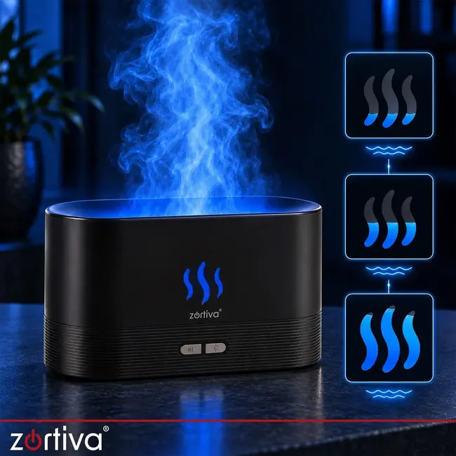 Zortiva Geurverspreider luchtbevochtiger 180 ml met RGB-vlameffect