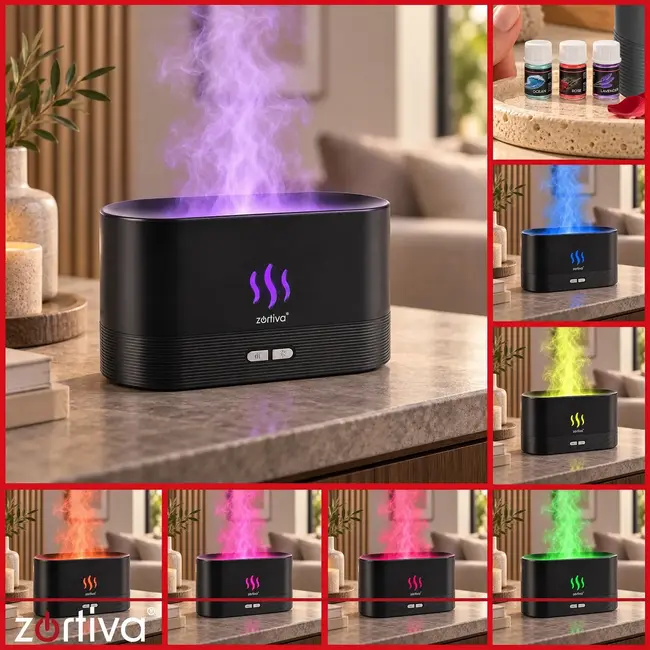 Zortiva Geurverspreider luchtbevochtiger 180 ml met RGB-vlameffect