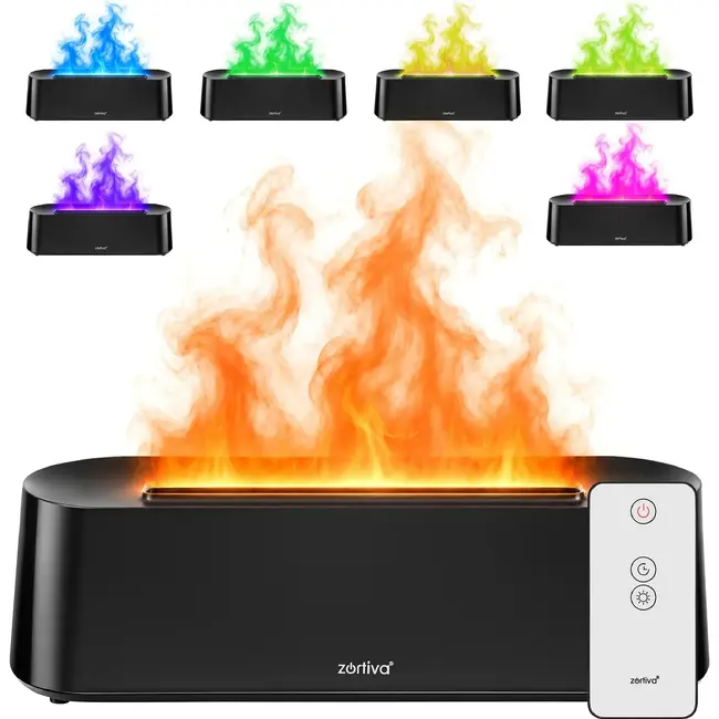 Zortiva Geurverspreider luchtbevochtiger 250 ml met timer, afstandsbediening en LED-vlameffect