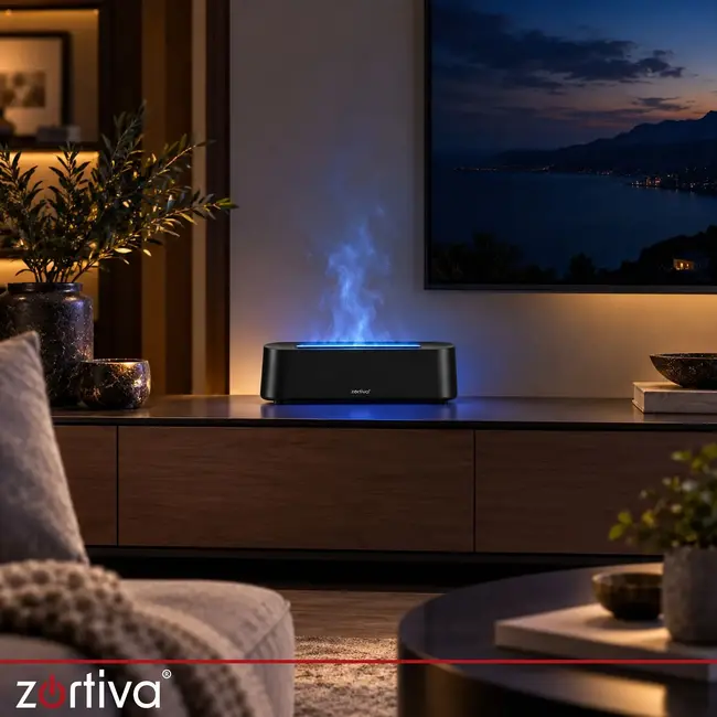 Zortiva Geurverspreider luchtbevochtiger 250 ml met timer, afstandsbediening en LED-vlameffect