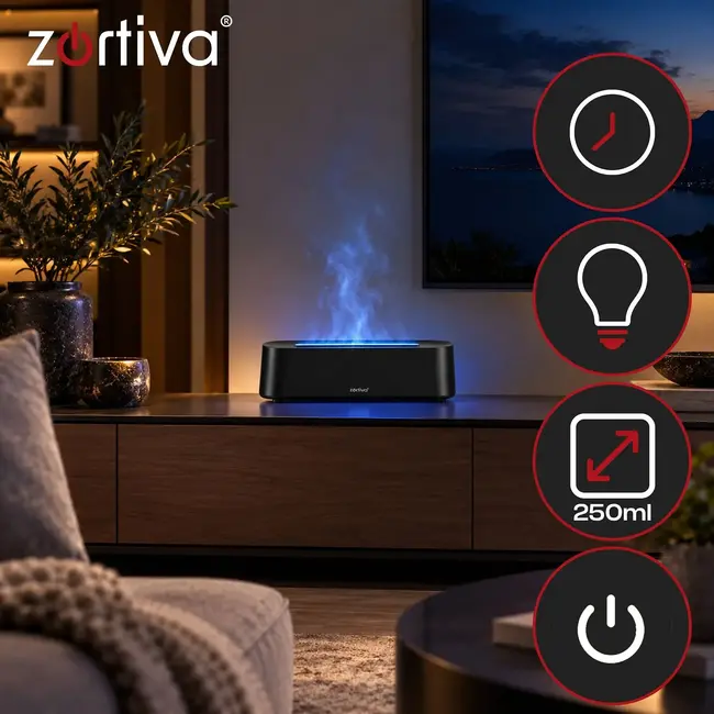 Zortiva Geurverspreider luchtbevochtiger 250 ml met timer, afstandsbediening en LED-vlameffect