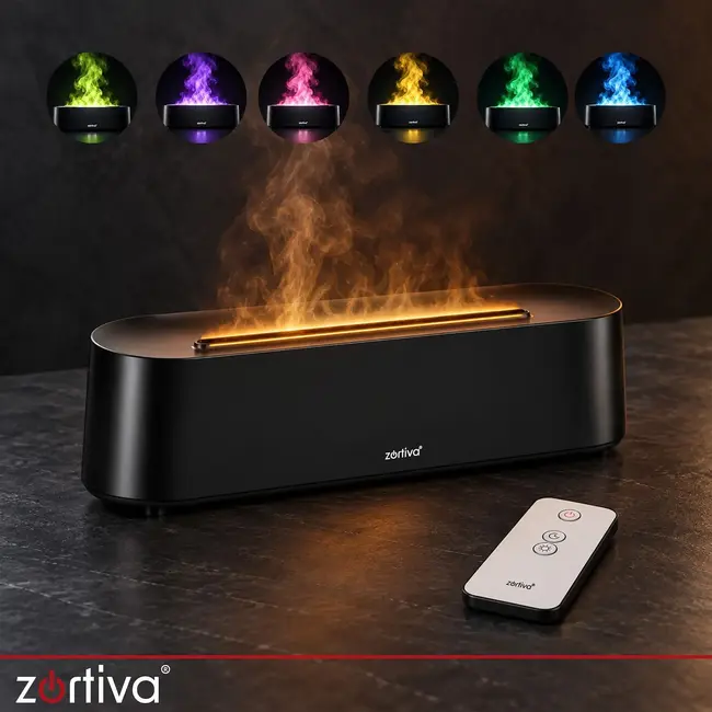 Zortiva Geurverspreider luchtbevochtiger 250 ml met timer, afstandsbediening en LED-vlameffect