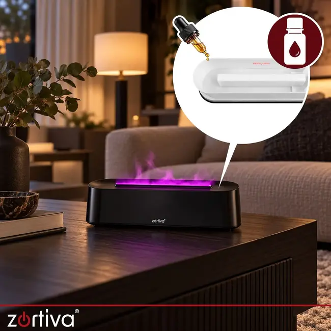 Zortiva Geurverspreider luchtbevochtiger 250 ml met timer, afstandsbediening en LED-vlameffect