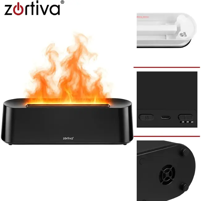 Zortiva Geurverspreider luchtbevochtiger 250 ml met timer, afstandsbediening en LED-vlameffect