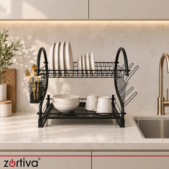 Zortiva Vaatdroger 2 niveaus zwart 54 cm met lekbak, bestekrek, bekerhouder en afvoer naar gootsteen