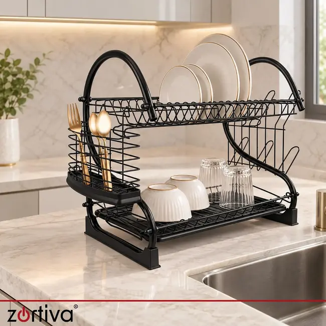Zortiva Vaatdroger 2 niveaus zwart 54 cm met lekbak, bestekrek, bekerhouder en afvoer naar gootsteen
