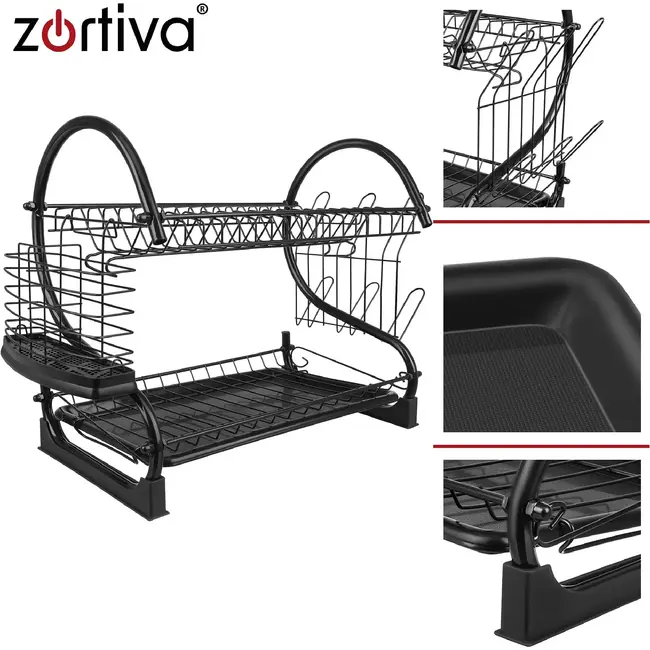 Zortiva Vaatdroger 2 niveaus zwart 54 cm met lekbak, bestekrek, bekerhouder en afvoer naar gootsteen