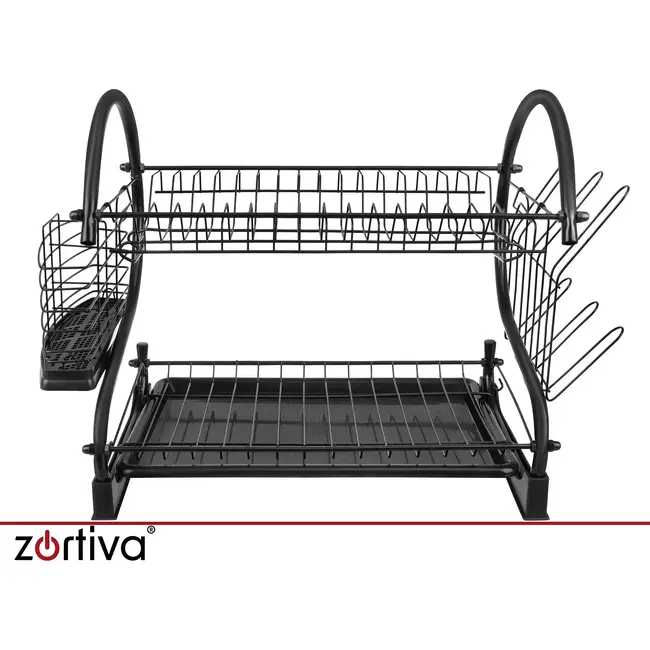 Zortiva Vaatdroger 2 niveaus zwart 54 cm met lekbak, bestekrek, bekerhouder en afvoer naar gootsteen
