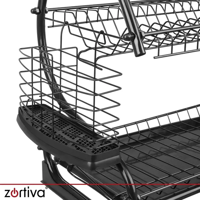 Zortiva Vaatdroger 2 niveaus zwart 54 cm met lekbak, bestekrek, bekerhouder en afvoer naar gootsteen