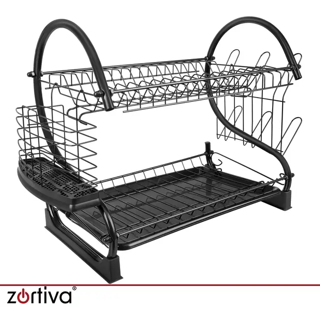 Zortiva Vaatdroger 2 niveaus zwart 54 cm met lekbak, bestekrek, bekerhouder en afvoer naar gootsteen
