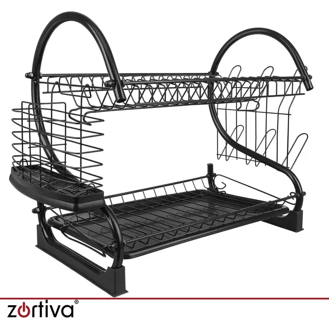 Zortiva Vaatdroger 2 niveaus zwart 54 cm met lekbak, bestekrek, bekerhouder en afvoer naar gootsteen