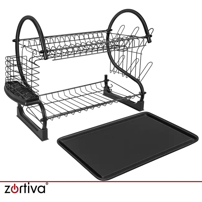 Zortiva Vaatdroger 2 niveaus zwart 54 cm met lekbak, bestekrek, bekerhouder en afvoer naar gootsteen