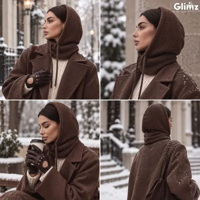Glimz Wintercapuchon bruin 3-in-1 met 30% wol, nekwarmer en verstelbare koorden voor dames in winter