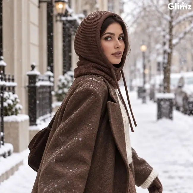 Glimz Wintercapuchon bruin 3-in-1 met 30% wol, nekwarmer en verstelbare koorden voor dames in winter