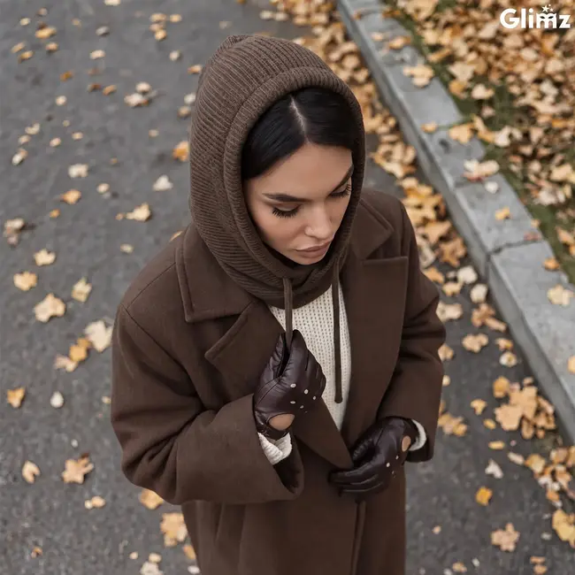 Glimz Wintercapuchon bruin 3-in-1 met 30% wol, nekwarmer en verstelbare koorden voor dames in winter