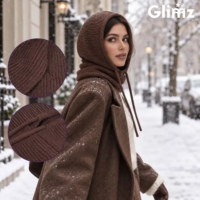 Glimz Wintercapuchon bruin 3-in-1 met 30% wol, nekwarmer en verstelbare koorden voor dames in winter