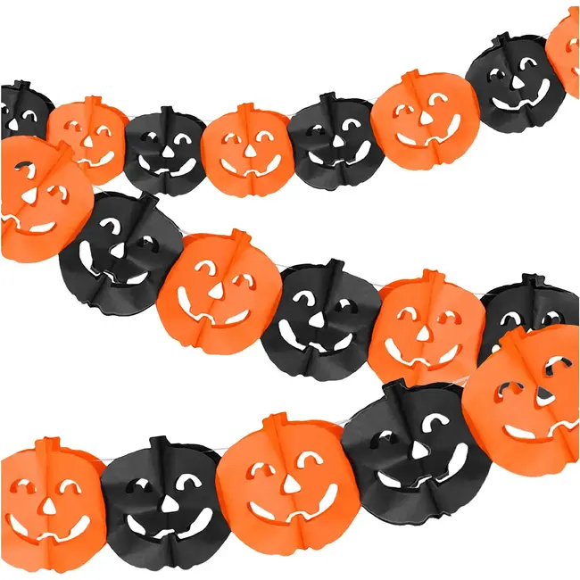 Glimz Halloween slinger pompoen 3 m met grote decoraties van 17 x 17,5 cm voor muur en raam