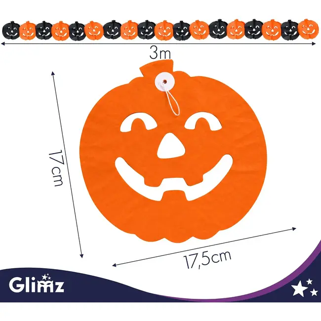 Glimz Halloween slinger pompoen 3 m met grote decoraties van 17 x 17,5 cm voor muur en raam