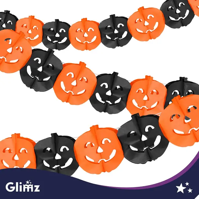 Glimz Halloween slinger pompoen 3 m met grote decoraties van 17 x 17,5 cm voor muur en raam