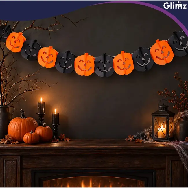 Glimz Halloween slinger pompoen 3 m met grote decoraties van 17 x 17,5 cm voor muur en raam