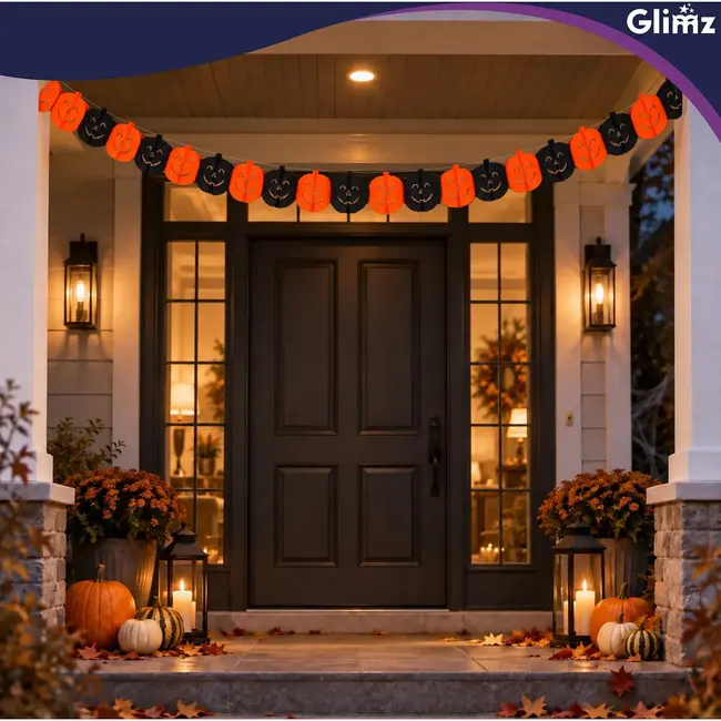 Glimz Halloween slinger pompoen 3 m met grote decoraties van 17 x 17,5 cm voor muur en raam