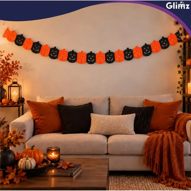 Glimz Halloween slinger pompoen 3 m met grote decoraties van 17 x 17,5 cm voor muur en raam