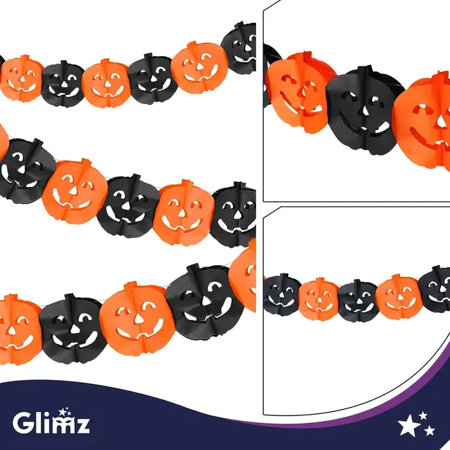 Glimz Halloween slinger pompoen 3 m met grote decoraties van 17 x 17,5 cm voor muur en raam