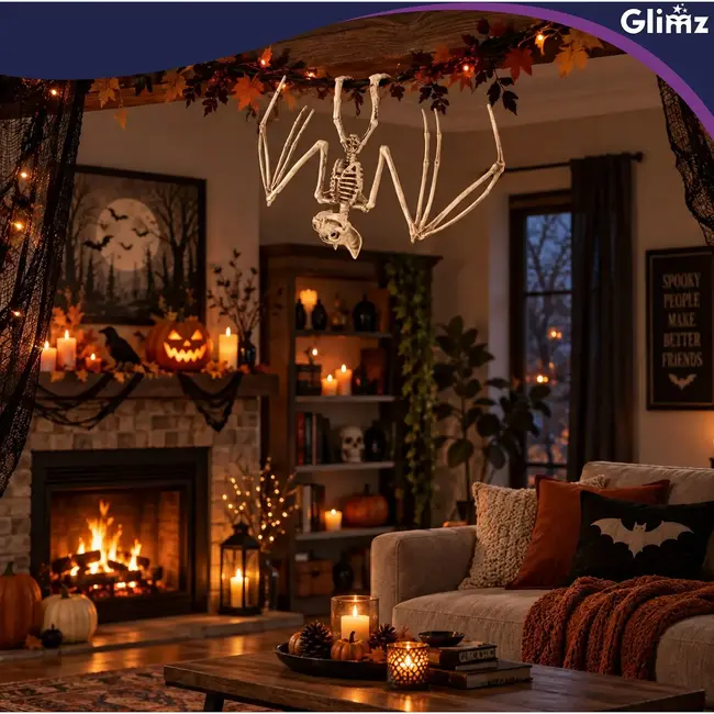 Glimz Vleermuisskelet 30 cm hangdecoratie voor Halloween in botkleur