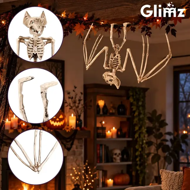 Glimz Vleermuisskelet 30 cm hangdecoratie voor Halloween in botkleur