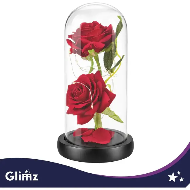Glimz Roos in glas 22 cm met 2 rode rozen, 20 warme LED-lampjes en elegante zwarte geschenkdoos