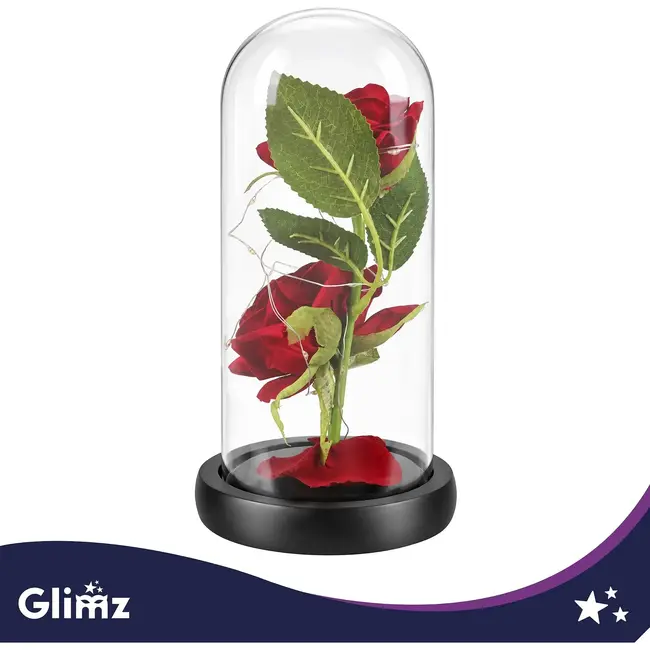 Glimz Roos in glas 22 cm met 2 rode rozen, 20 warme LED-lampjes en elegante zwarte geschenkdoos