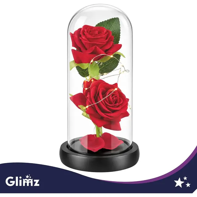 Glimz Roos in glas 22 cm met 2 rode rozen, 20 warme LED-lampjes en elegante zwarte geschenkdoos
