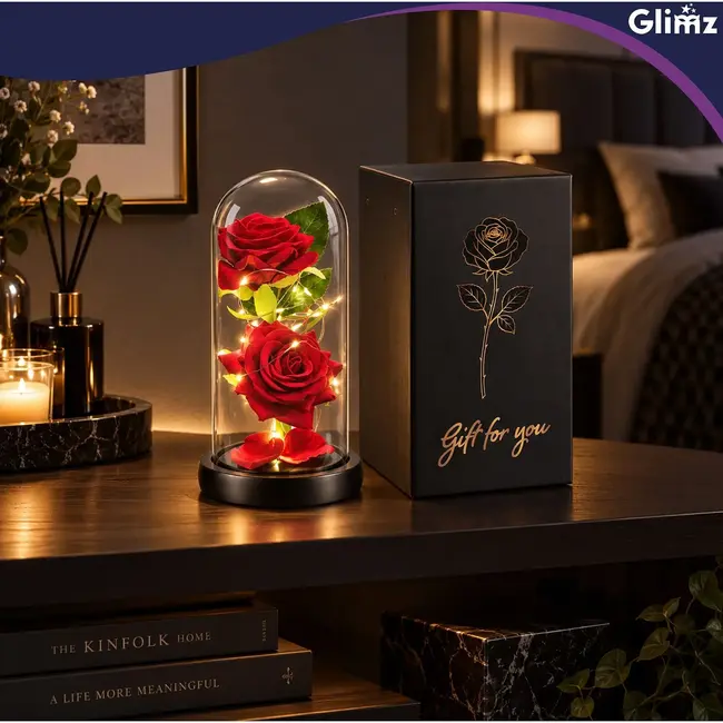 Glimz Roos in glas 22 cm met 2 rode rozen, 20 warme LED-lampjes en elegante zwarte geschenkdoos