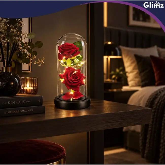 Glimz Roos in glas 22 cm met 2 rode rozen, 20 warme LED-lampjes en elegante zwarte geschenkdoos