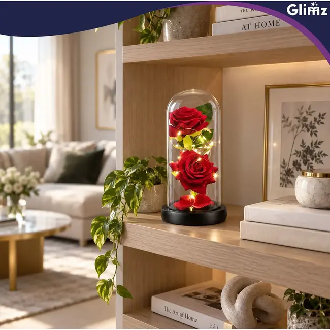 Glimz Roos in glas 22 cm met 2 rode rozen, 20 warme LED-lampjes en elegante zwarte geschenkdoos