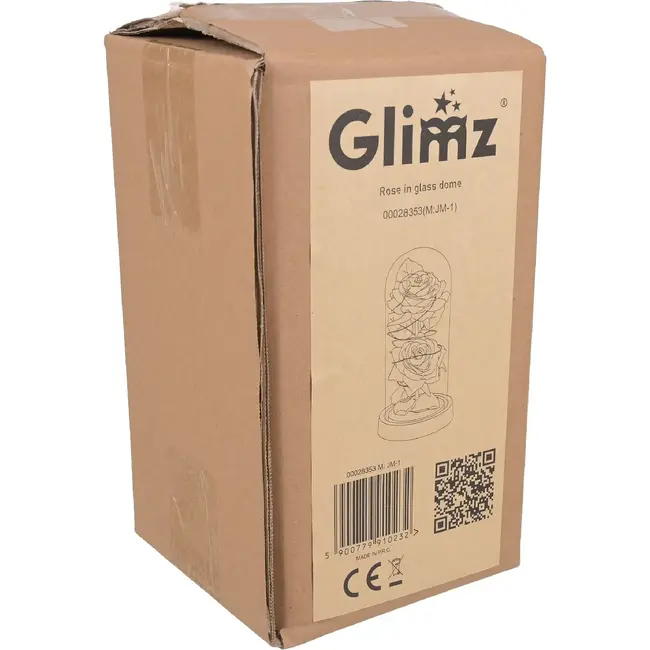 Glimz Roos in glas 22 cm met 2 rode rozen, 20 warme LED-lampjes en elegante zwarte geschenkdoos